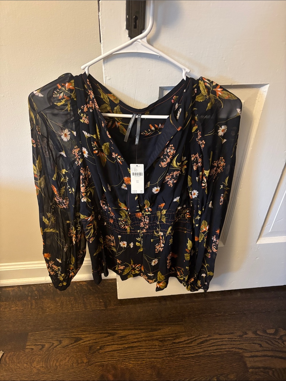 Anthropologie Floral Peasant Blouse - Black with Floral Print XS NWT